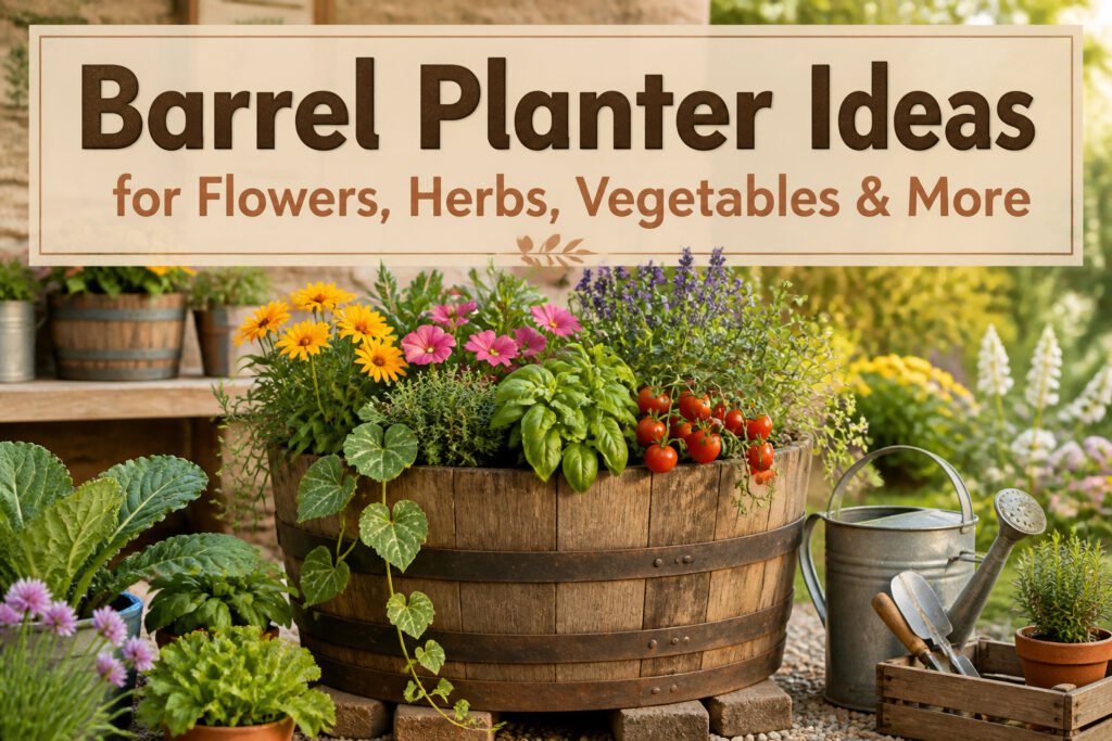 Barrel planters filled with flowers, herbs, and vegetables in a garden setting.