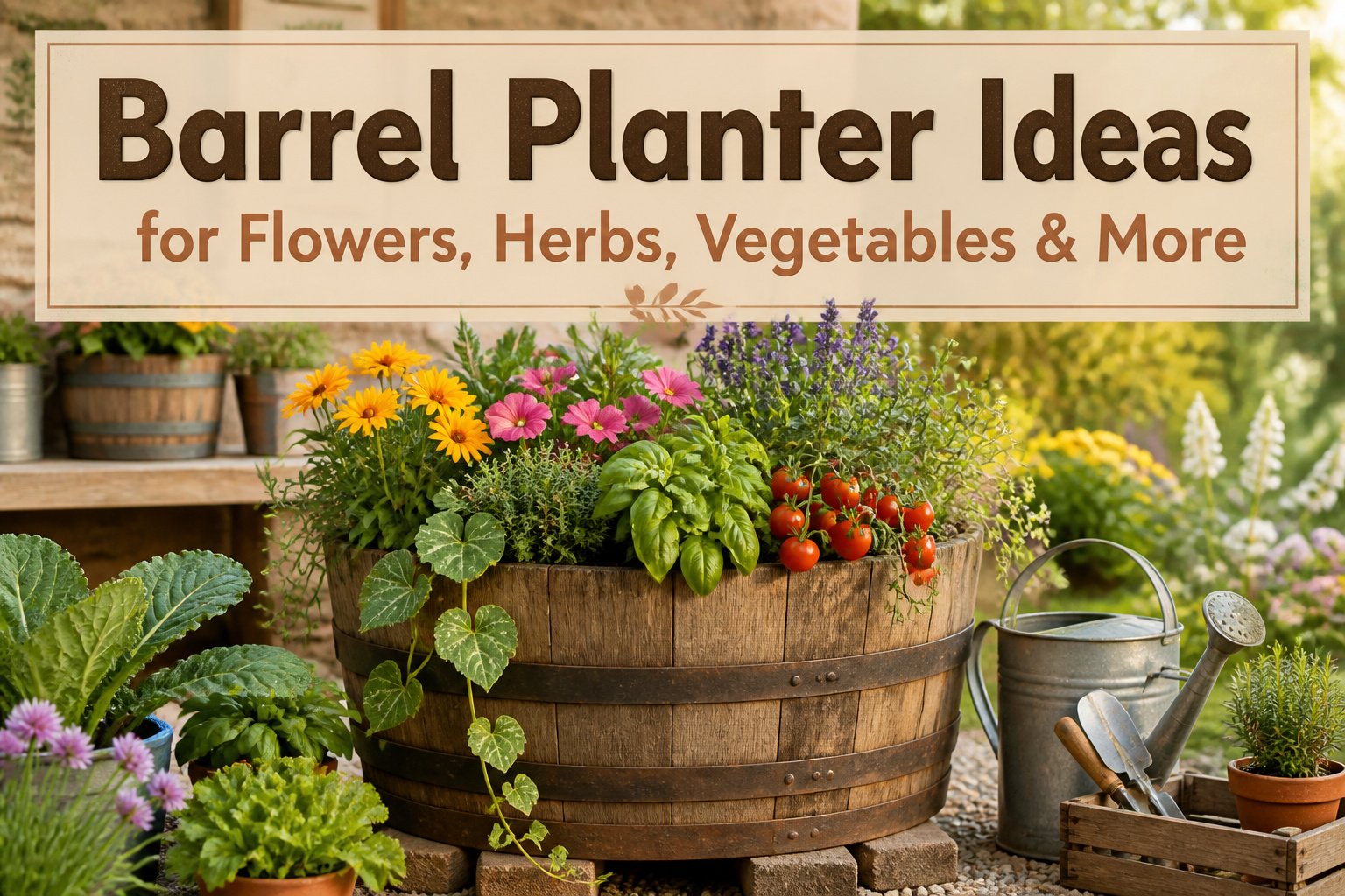 Barrel planters filled with flowers, herbs, and vegetables in a garden setting.