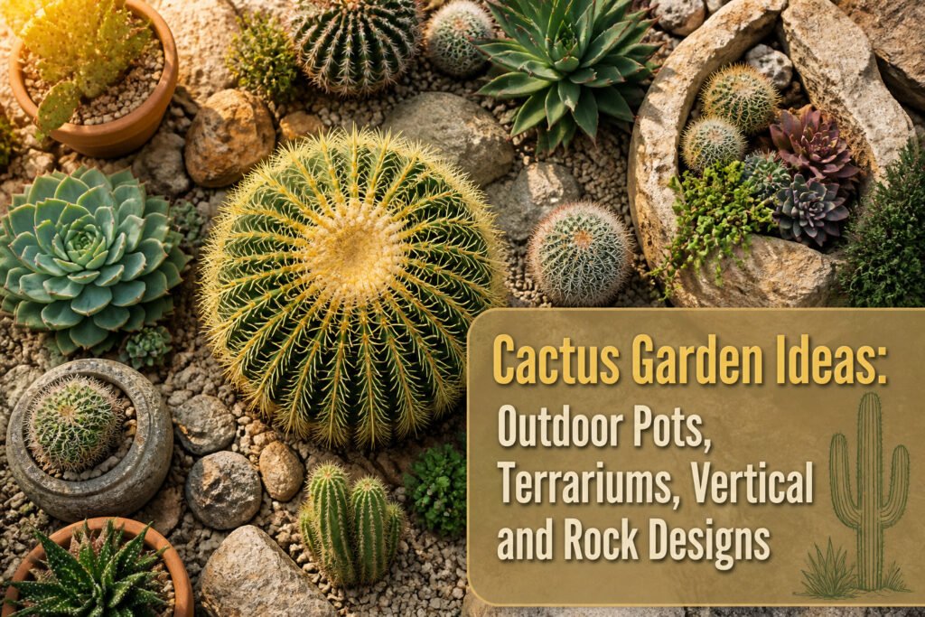 Assorted cacti displayed in outdoor pots and garden settings.