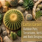 Assorted cacti displayed in outdoor pots and garden settings.