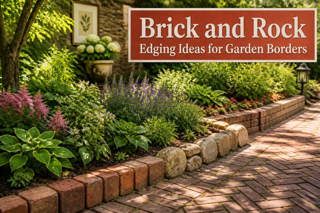 Different styles of brick and rock edging in a garden setting.