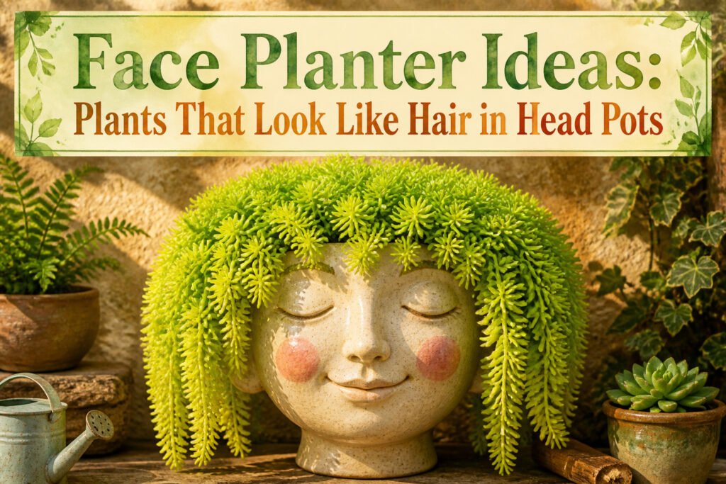 Various face planters displaying plants that mimic hairstyles.