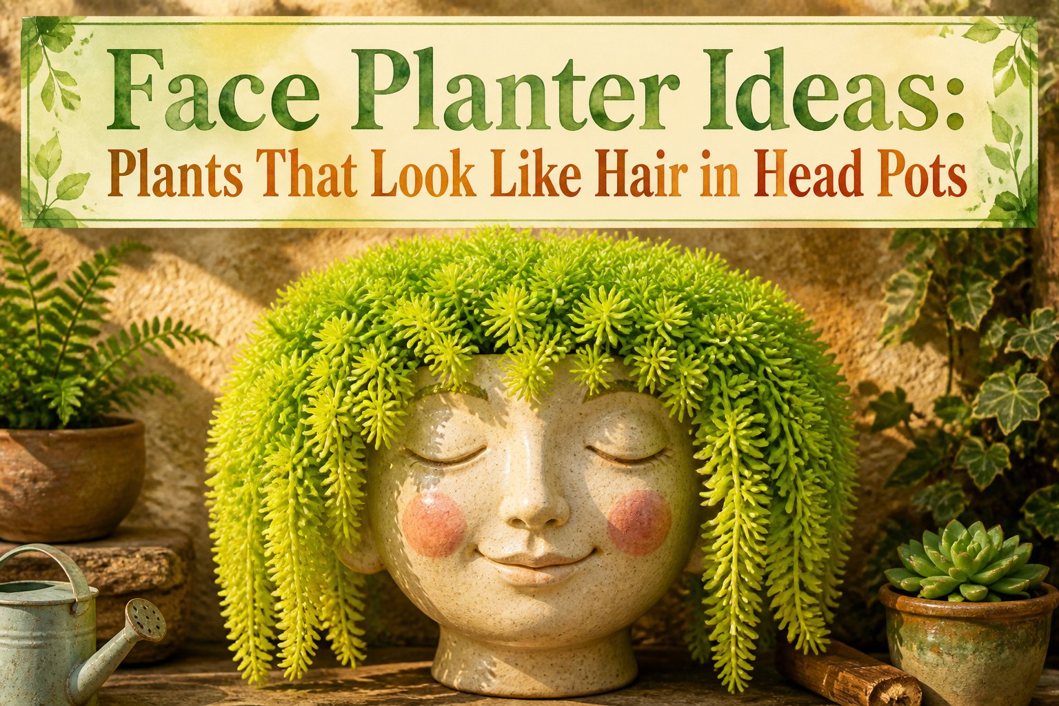 Various face planters displaying plants that mimic hairstyles.