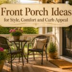A beautifully decorated front porch with plants and seating.