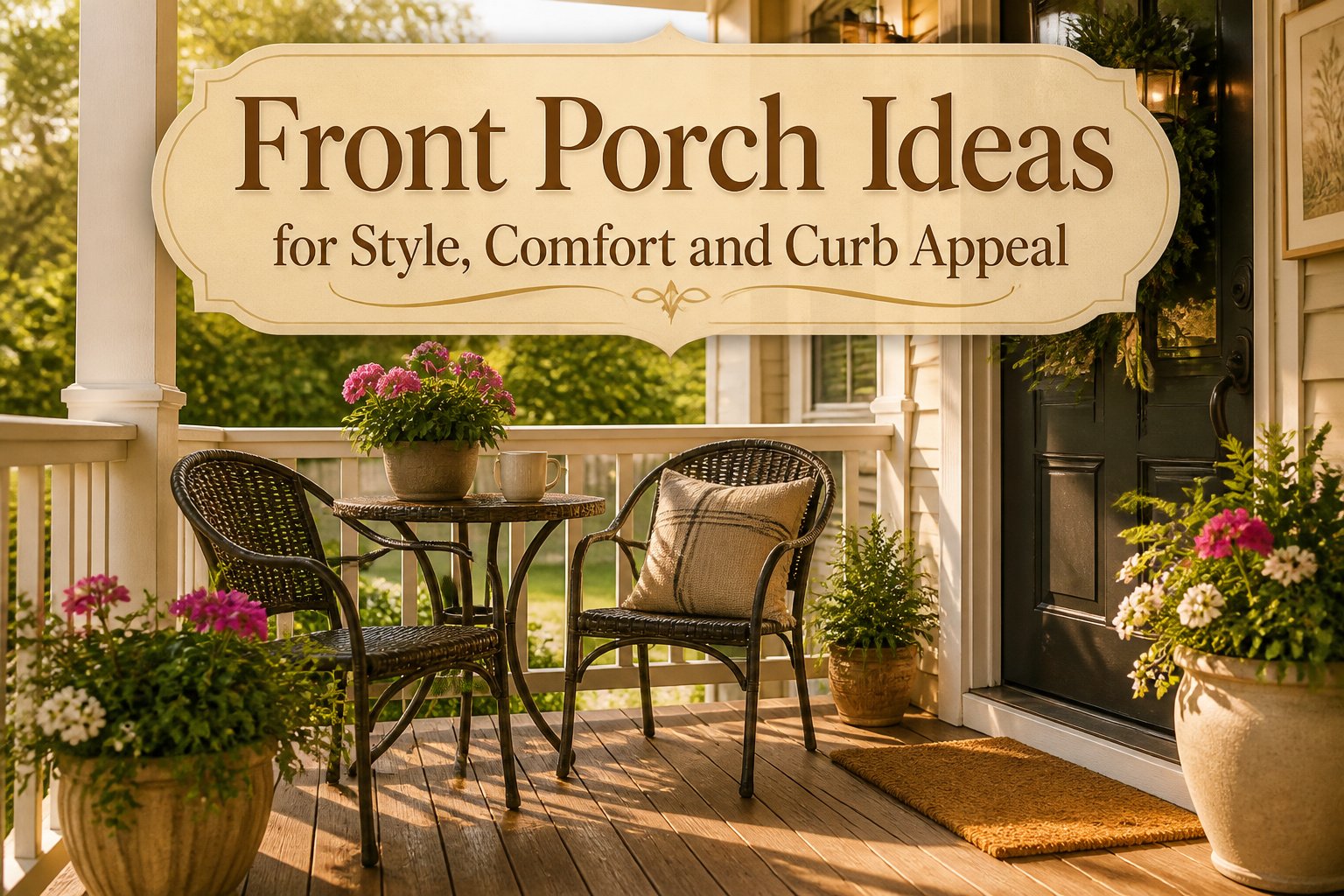 A beautifully decorated front porch with plants and seating.