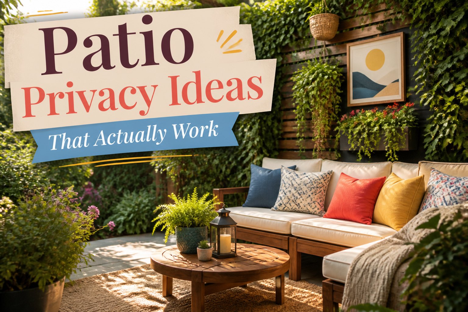 A variety of patio privacy ideas, including plants, screens, and structures.