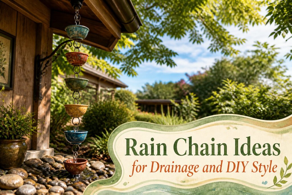 Various rain chains displayed in a garden setting.