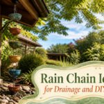 Various rain chains displayed in a garden setting.