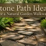 A stone path lined with grass and plants in a garden setting.