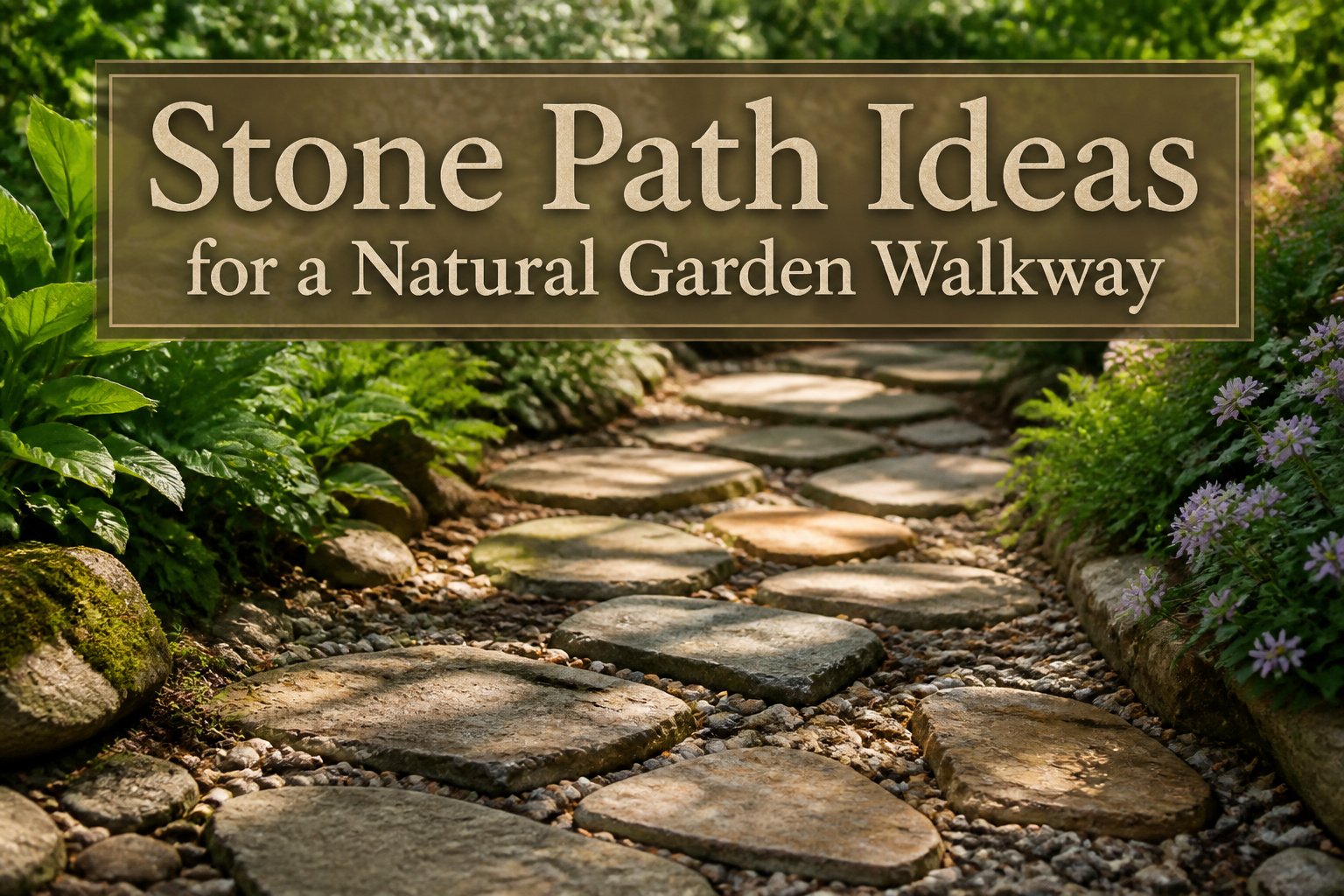 A stone path lined with grass and plants in a garden setting.
