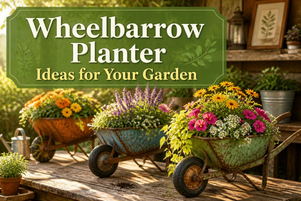 Various wheelbarrow planters filled with colorful flowers and plants.