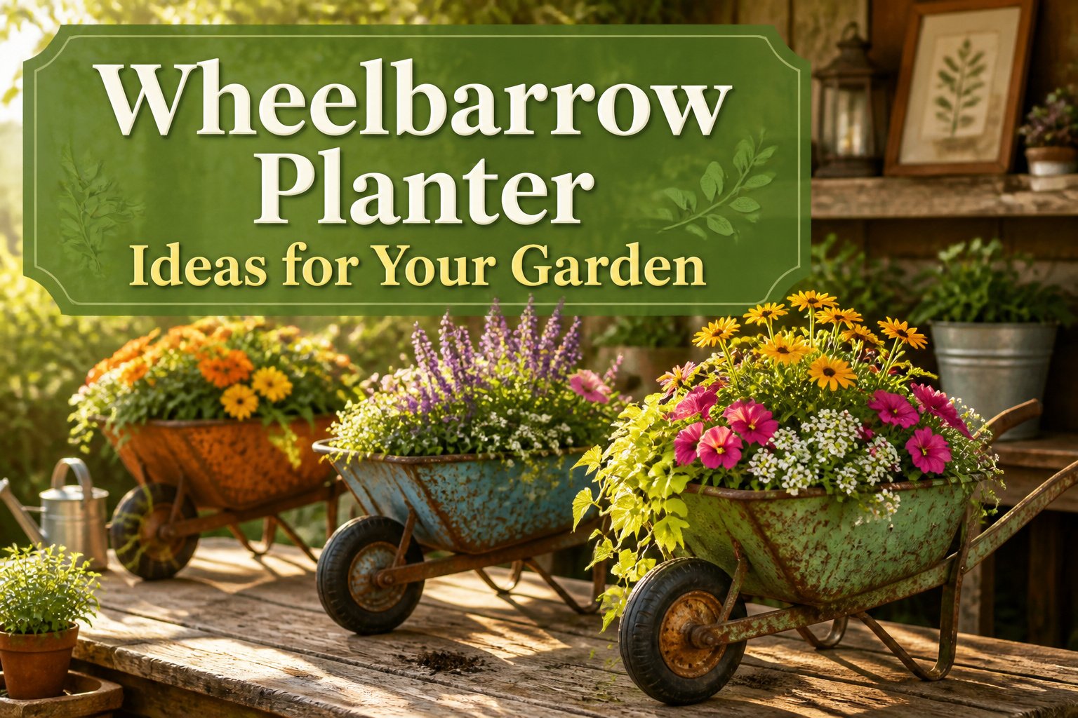 Various wheelbarrow planters filled with colorful flowers and plants.